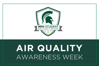 Green and white graphic with Student Advisory Board logo and white text that reads, "Air quality awareness week."