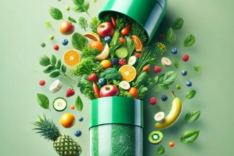 Fruits and vegetables coming out of a pill capsule