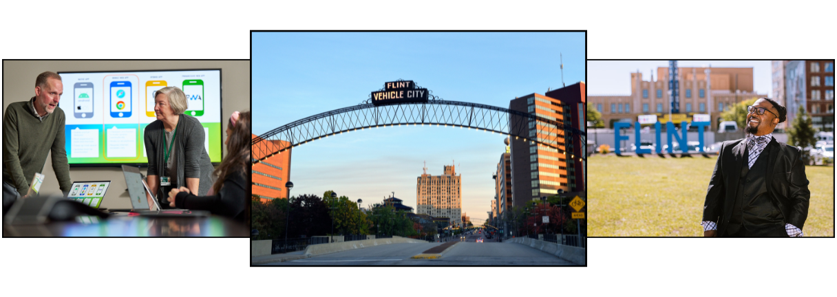 Banner with two professionals discussing app designs, the "FLINT VEHICLE CITY" arch at dawn, and a man smiling in front of colorful "FLINT" letters