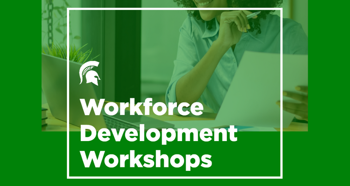 A person holding a pen and reviewing documents at a desk, with a laptop and greenery in the background. The text "Workforce Development Workshops" is prominently displayed in bold white letters over a green background