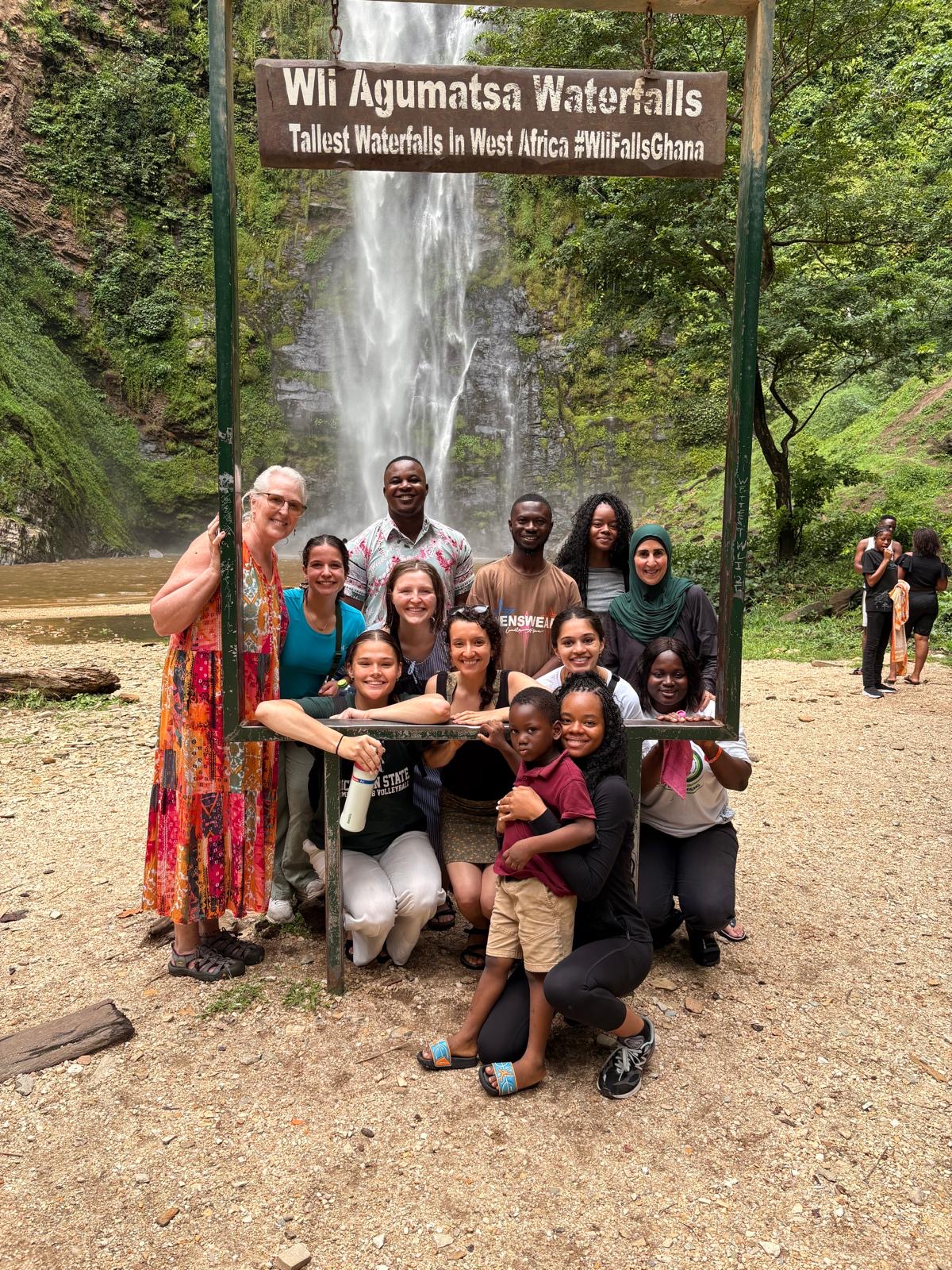 Public health students with Professor Connie Currier, and Adanu partners at a waterfall in Ghana