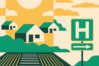 houses in a rural area with hospital sign